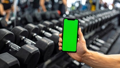 Smartphone in gym with dumbbells