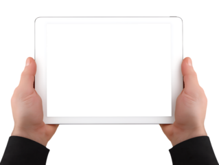 A person holding a blank tablet device horizontally with both hands  isolated on a transparent background, displaying a black screen ready for content.