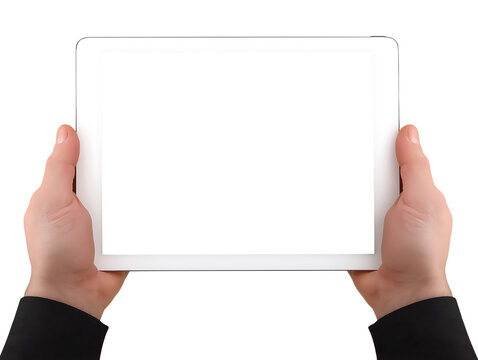 A person holding a blank tablet device horizontally with both hands isolated on a transparent background, displaying a black screen ready for content. - Powered by Adobe