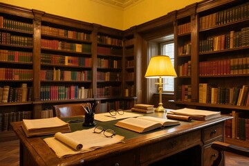 Obraz premium Classic Library Study Room with Bookshelves, Wooden Desk, and Lamp Light