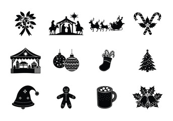 Fototapeta premium christmas icons set, Festive Christmas silhouette vector collection with Santa, reindeer, snowflakes, and holiday decorations, silhouette Christmas vectors,