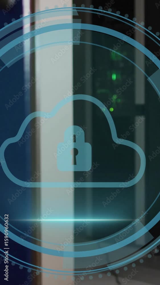 Poster animation of cloud icon and digital data processing over computer servers