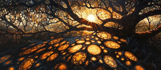 Sunlit abstract depiction of a large tree's sprawling roots, illuminated from above, creating a mesmerizing pattern of glowing orbs against dark, intricate branches