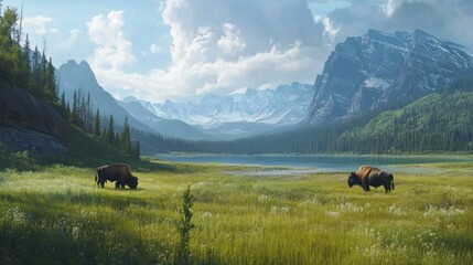 Two bison graze in a verdant meadow beside a serene lake, nestled amidst majestic snow-capped mountains under a partly cloudy sky