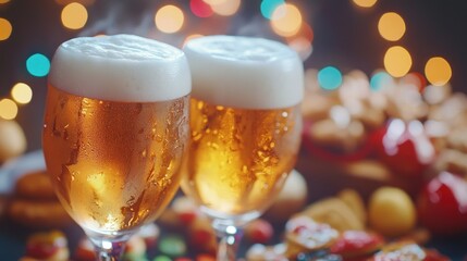 Two glasses of frothy beer sit amongst colorful candies and blurred festive lights, suggesting a celebratory gathering