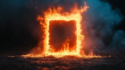 Mesmerizing fiery portal an animated display of intense flames enveloping a square shape against a dark backdrop, evoking mystery, intrigue in a captivating artistic presentation that grabs attention