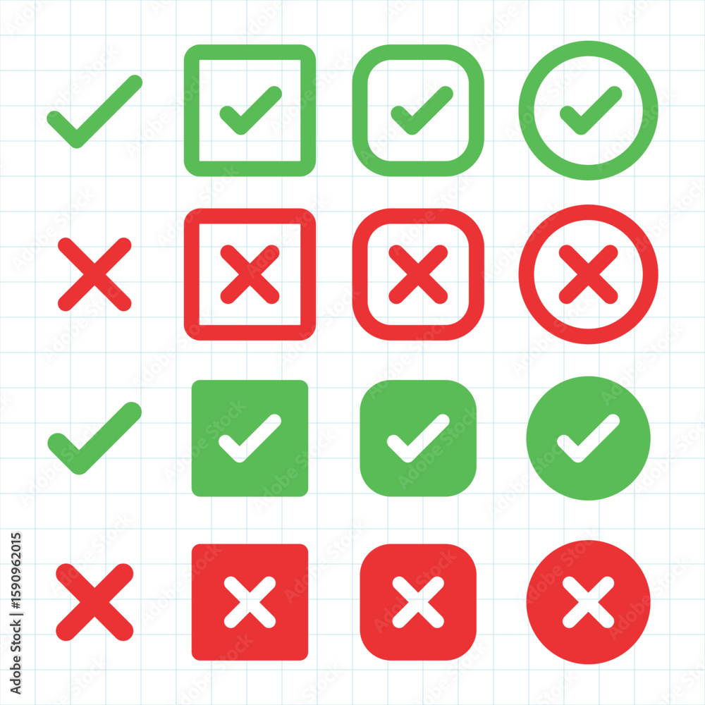 Poster green check marks and red crosses in square and circle shapes on a grid background. check marks and 