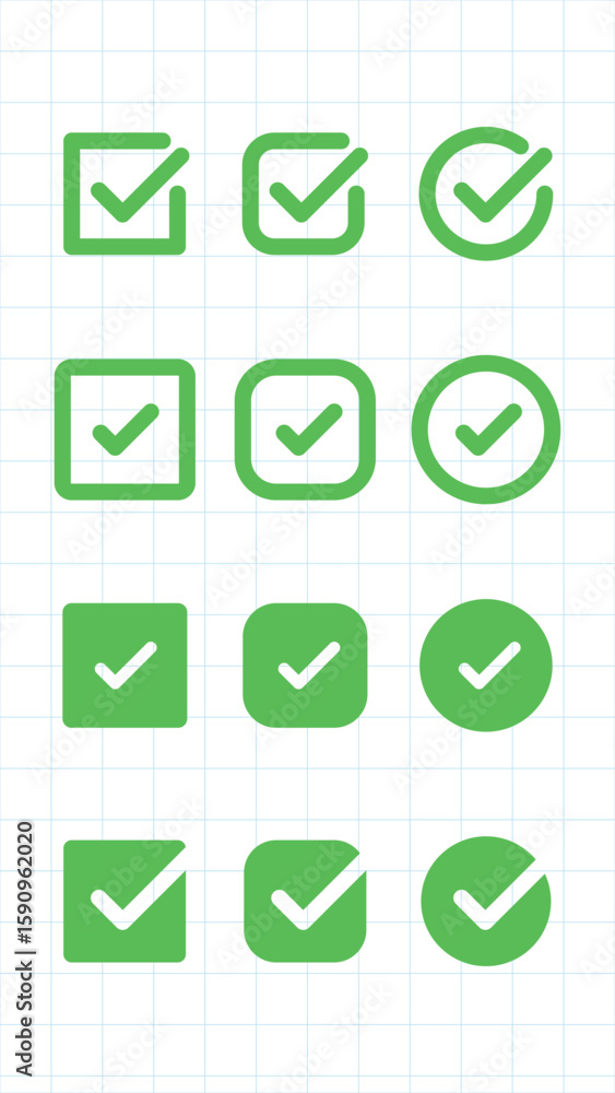 Poster set of checkmark icons in various shapes: checkmarks in circles, squares, and shields. checkmark sym