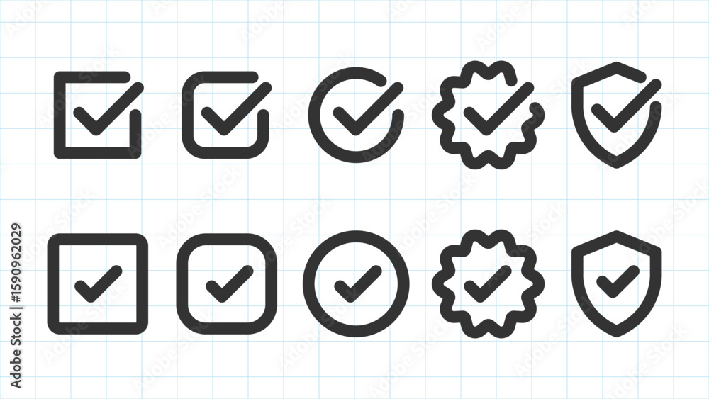 Poster set of checkmark icons in various shapes: checkmarks in circles, squares, and shields. checkmark sym