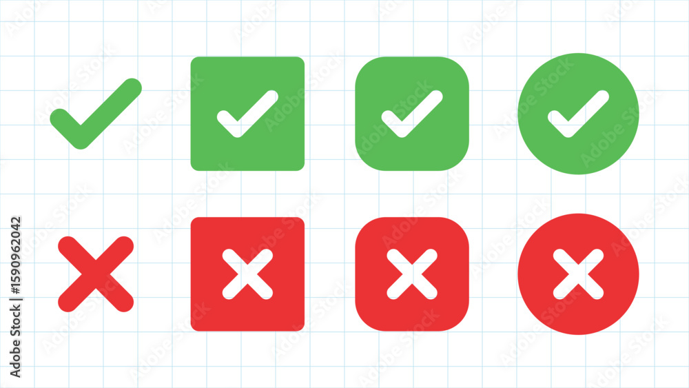 Poster green check marks and red crosses in square and circle shapes on a grid background. check marks and 