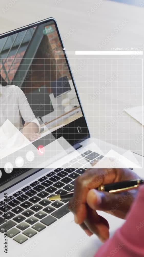 Poster animation of data processing over diverse colleagues having video call in office