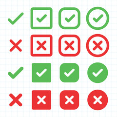 Green check marks and red crosses in square and circle shapes on a grid background. Check marks and crosses symbolize correct and incorrect choices. Vector element set.