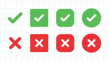 Green check marks and red crosses in square and circle shapes on a grid background. Check marks and crosses symbolize correct and incorrect choices. Vector element set.