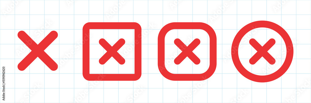 Poster red cross icons in various shapes: circle, square, rounded square. cross symbols in red. grid backgr