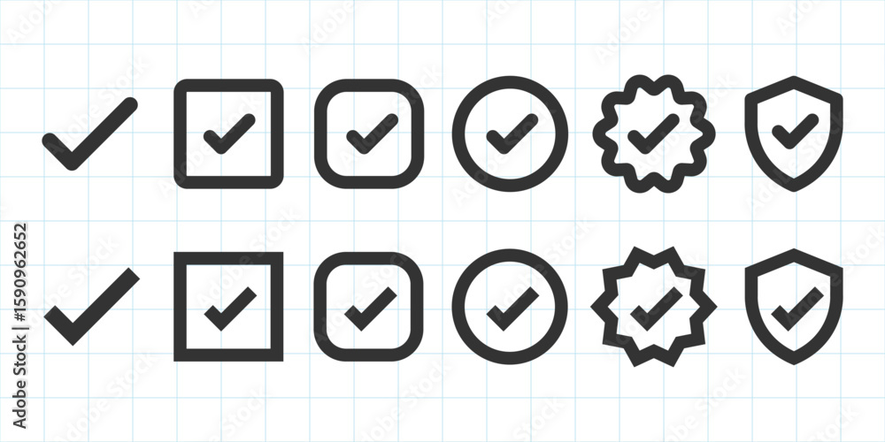 Poster set of checkmark icons in various shapes: checkmarks in circles, squares, and shields. checkmark sym