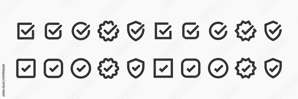 Poster set of checkmark icons in various shapes: checkmarks in circles, squares, and shields. checkmark sym