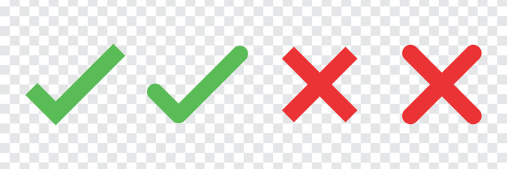 Green check marks and red crosses on a transparent background. Symbols for correct and incorrect. Check marks and crosses for decisions and feedback. Vector element set.