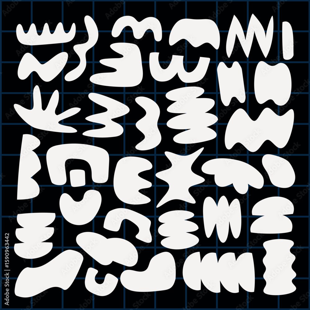 Poster abstract black shapes in various forms and patterns. geometric and organic shapes, bold black design