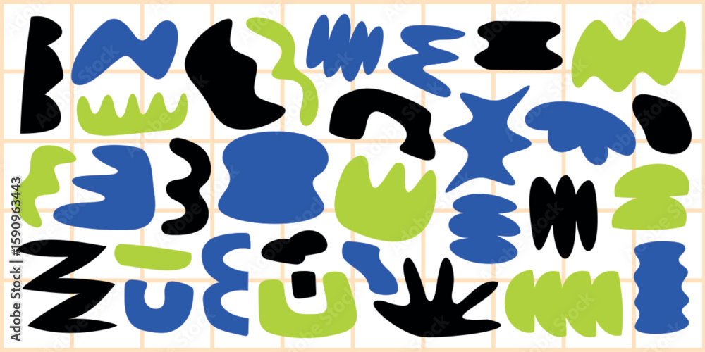 Poster abstract black shapes in various forms and patterns. geometric and organic shapes, bold black design