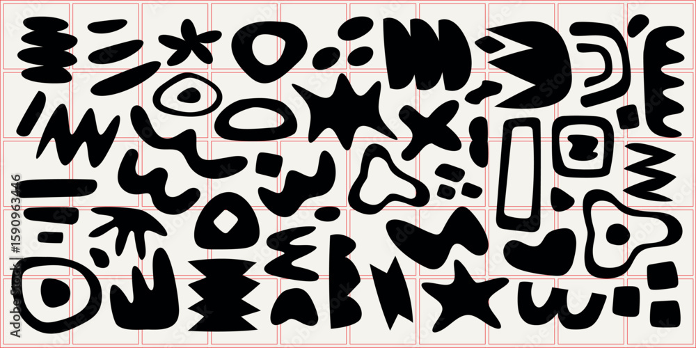 Poster abstract black shapes in various forms and patterns. geometric and organic shapes, bold black design