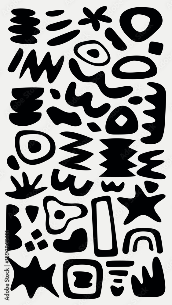 Poster abstract black shapes in various forms and patterns. geometric and organic shapes, bold black design
