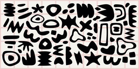 Abstract black shapes in various forms and patterns. Geometric and organic shapes, bold black designs. Repeated abstract shapes and patterns in black. Black and white vector set.