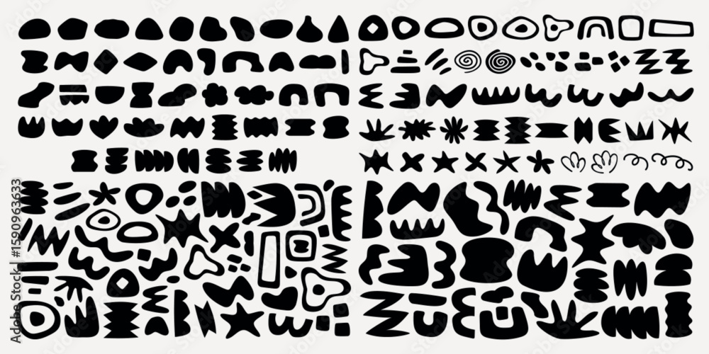 Poster abstract black shapes in various forms and patterns. geometric and organic shapes, bold black design