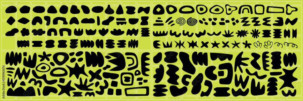 Poster abstract black shapes in various forms and patterns. geometric and organic shapes, bold black design
