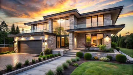 Fototapeta premium A modern house with a beautiful garden at sunset