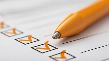 Checklist with orange pen marking boxes, close up view