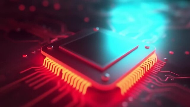 Futuristic High Tech Computer Chip Background with Glowing Red and Cyan Circuitry