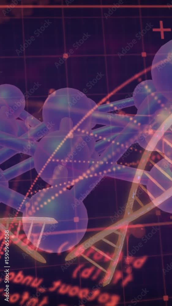 Poster animation of scientific data processing over dna strands on dark background