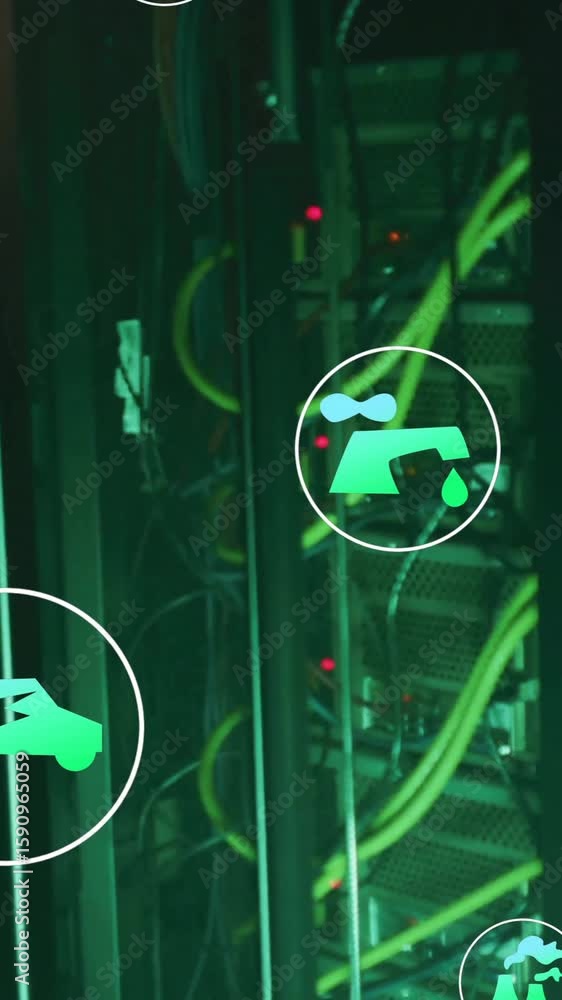 Poster animation of eco icons and digital data processing over computer servers