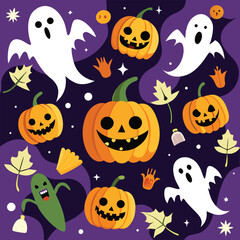 Halloween pumpkin and ghost pumpkins on purple background.