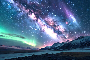 Cosmic nebula with glowing stars and aurora in photorealistic space art