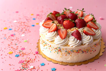 Closeup of cake with strawberries, cream, and sprinkles on pink background