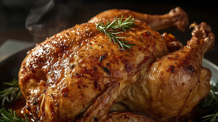 A realistic food photography style captures a perfectly roasted whole chicken with crispy golden-brown skin, fresh rosemary, and herbs, glistening with juices and steam rising.