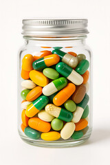 Colorful Pills and Capsules in Transparent Glass Jar Close-Up Photo Medical Supplement