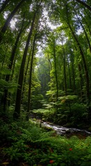 Naklejka premium Lush green forest with a stream flowing through tall trees and vibrant ferns