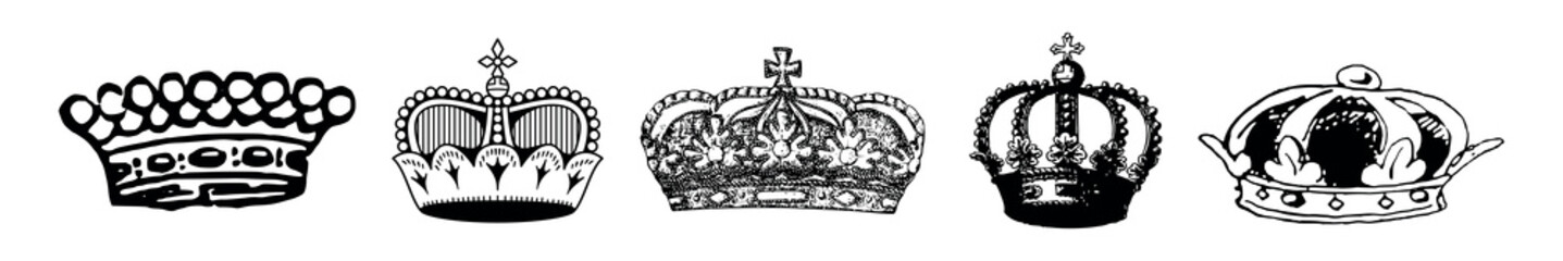 Illustration of five ornate crowns, each with unique designs. Crowns feature jewels, intricate patterns, and regal shapes. Black and white crown collection. Vintage elements vector set. © Rawpixel.com