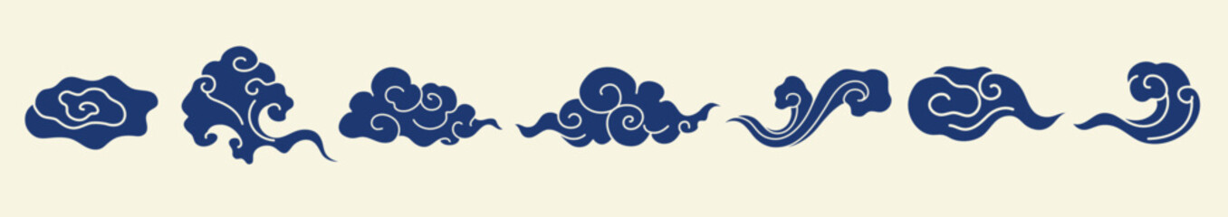 Elegant cloud patterns on background. Cloud motifs repeat in a flowing design. Decorative clouds create a harmonious, swirling effect. Chinese weather elements, vector set.