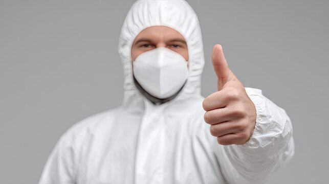 Man in protective suit and mask showing thumbs up gesture