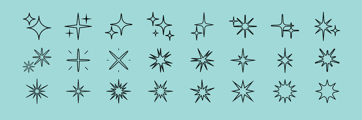 Collection of black star shapes. Various star designs, black stars, and star patterns. Unique star shapes, diverse star designs. Element vector set.