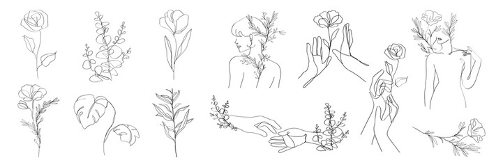 Minimalist floral line art featuring roses, leaves, and hands. Elegant botanical sketches with delicate flowers and foliage. Artistic floral line drawings. Aesthetic illustrations, vector set.