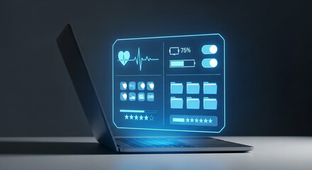 Futuristic Digital Medical Interface with Health Data Dashboard on Laptop