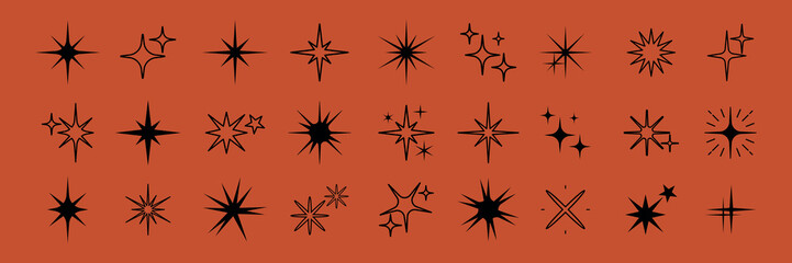 Collection of black star shapes. Various star designs, black stars, and star patterns. Unique star shapes, diverse star designs. Element vector set.