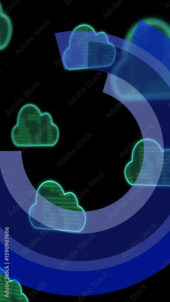 Poster Animation of scope scanning, data processing and clouds over dark background