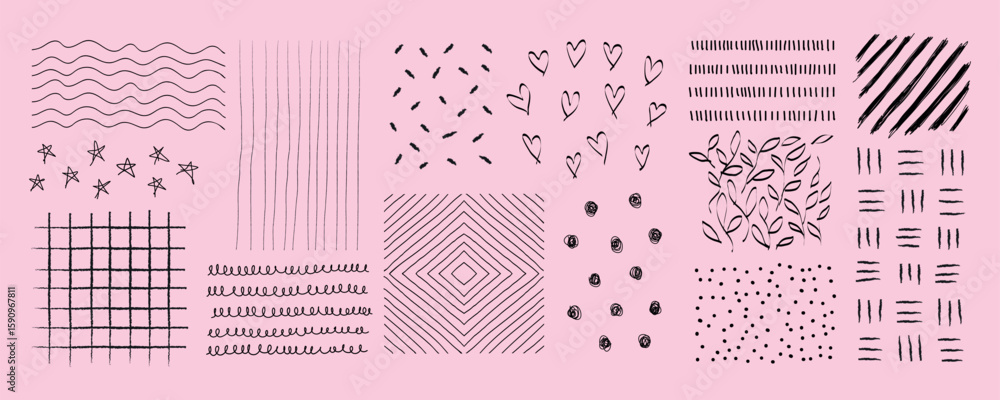 Poster abstract doodle patterns with lines, dots, and shapes. repeated patterns include lines, dots, and sh