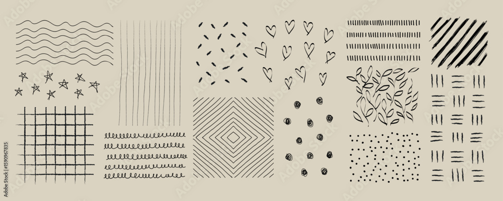 Poster abstract doodle patterns with lines, dots, and shapes. repeated patterns include lines, dots, and sh