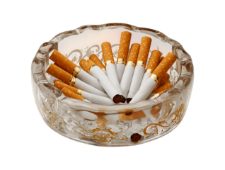 transparent glass ashtray containing many cigarettes isolated on a transparent background